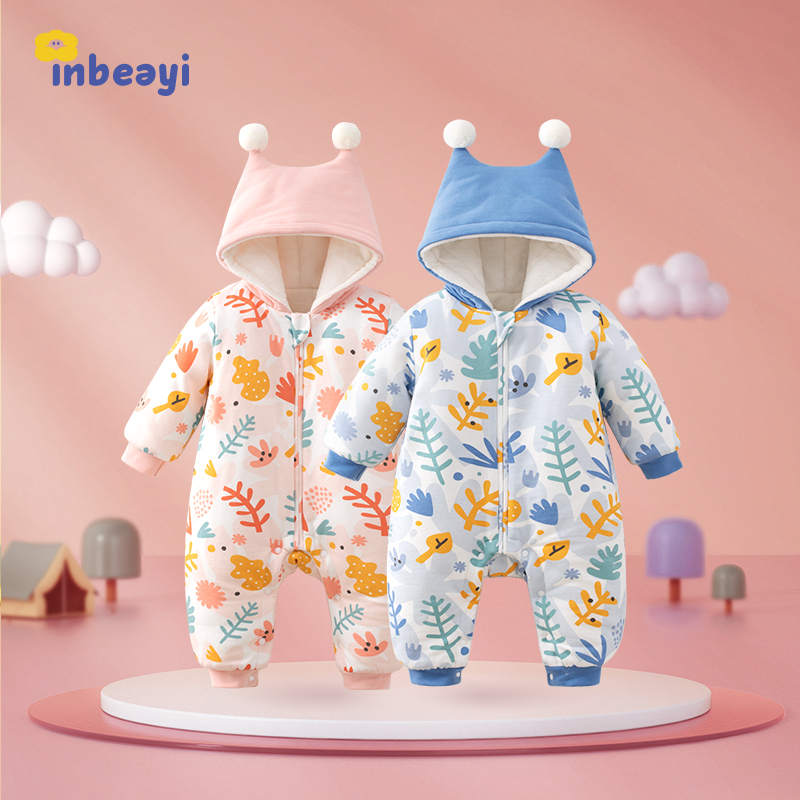 婴儿棉服连帽连体衣冬季加绒幼儿宝宝冬装衣服秋冬新生儿外出抱衣