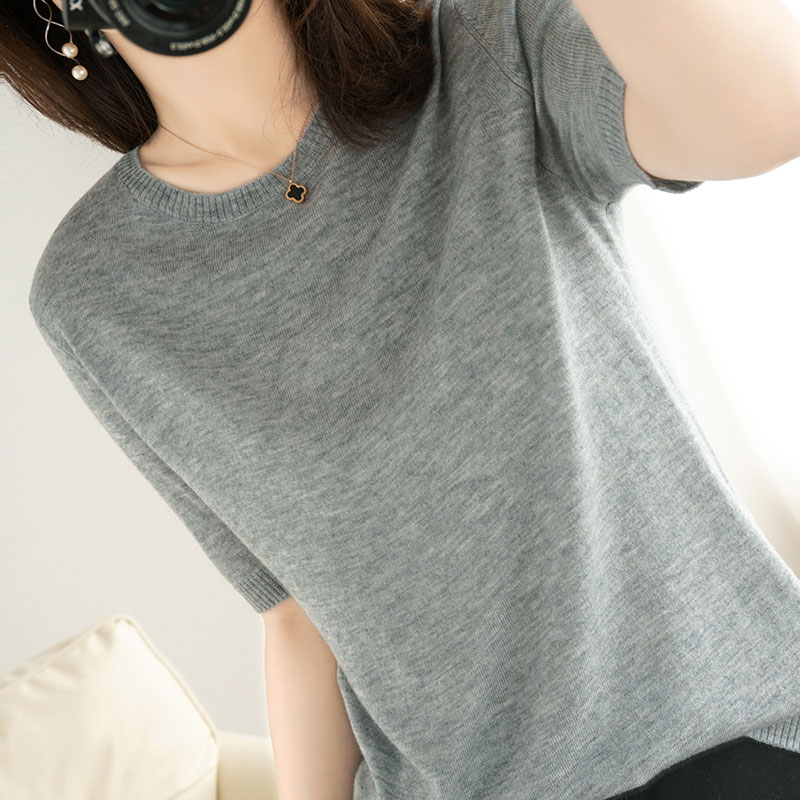 透气不透肉  精纺超细羊毛针织短袖上衣女