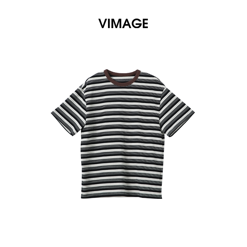 VIMAGE/纬漫纪纯棉圆领复古百搭宽松撞色条纹T恤上衣V2302922