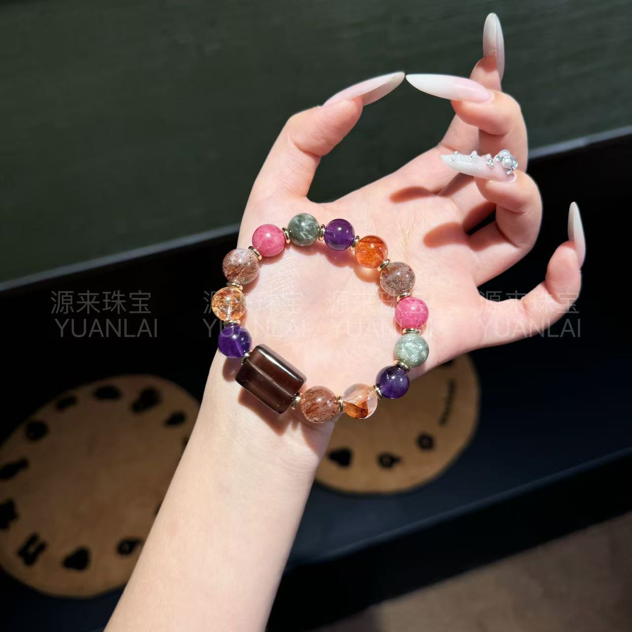 Y1*多色晶叙*天然黑金超七茶水胶花蔷薇辉乌拉圭紫水手串C