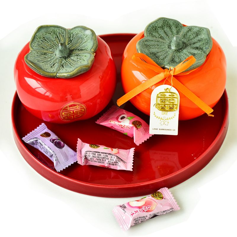 柿柿如意陶瓷糖果盒结婚喜糖罐伴手礼盒订婚创意婚庆用品