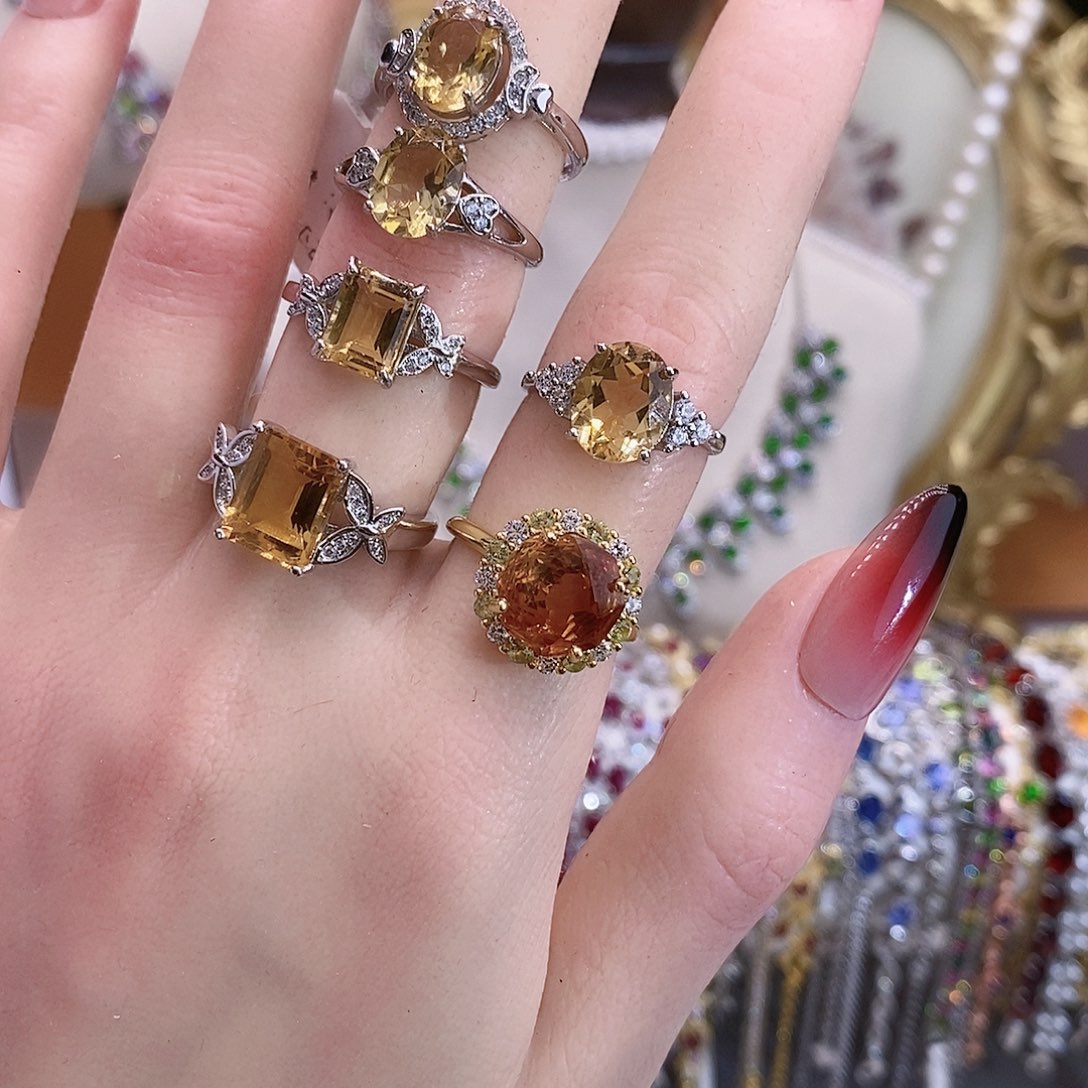 黄晶戒指银S925镶嵌金*安