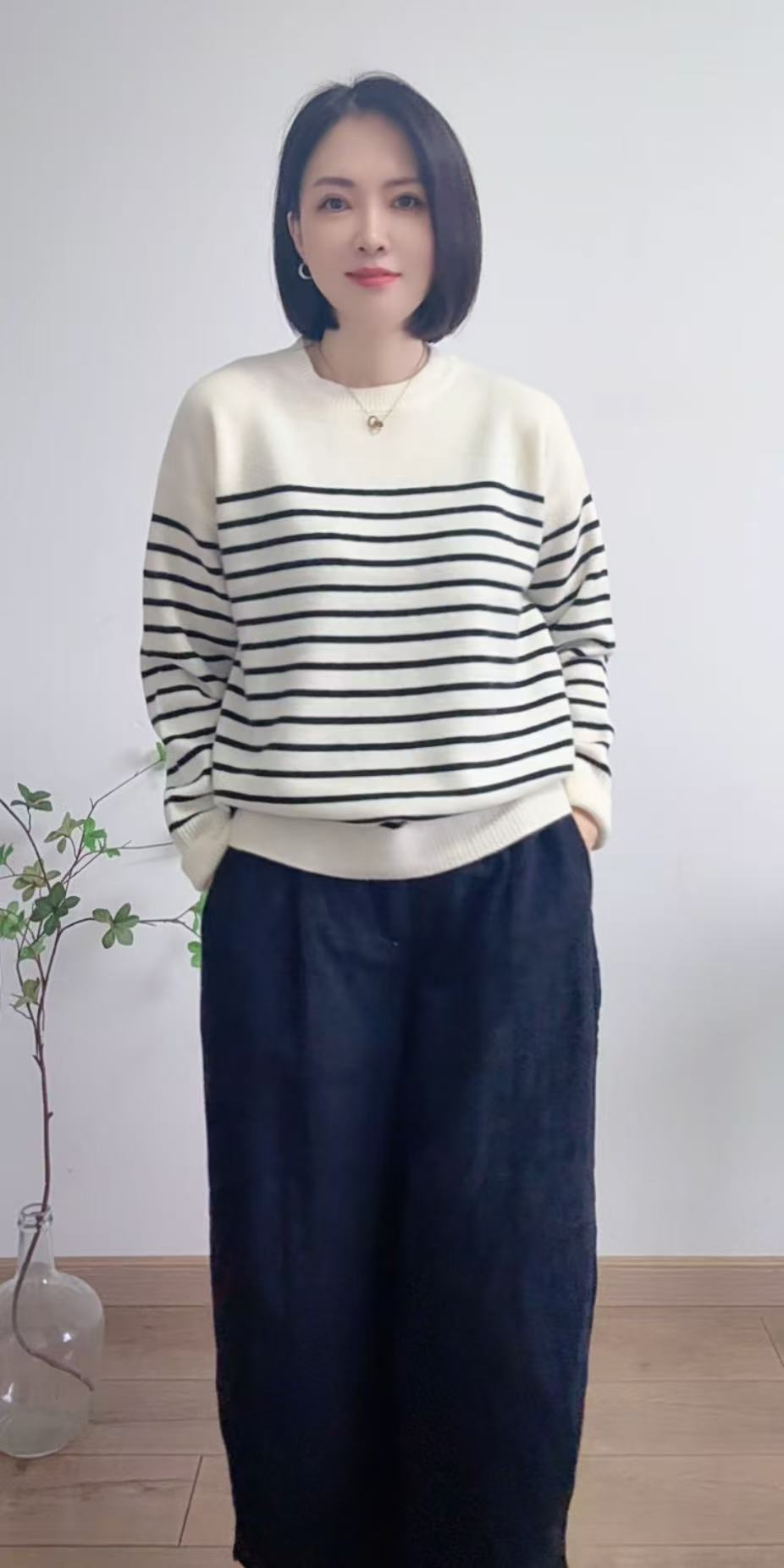 倩倩女装【慵懒】秋冬新款横条羊毛套头衫