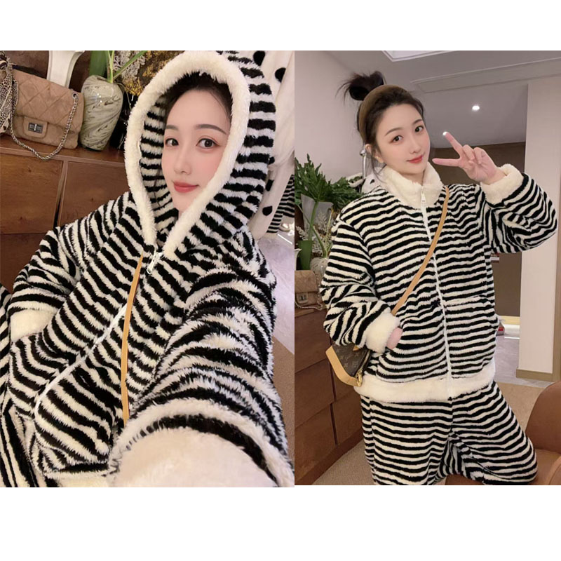 【米色袖口】条纹上衣长袖加厚立领保暖家居服套装时尚宽松卫衣睡衣