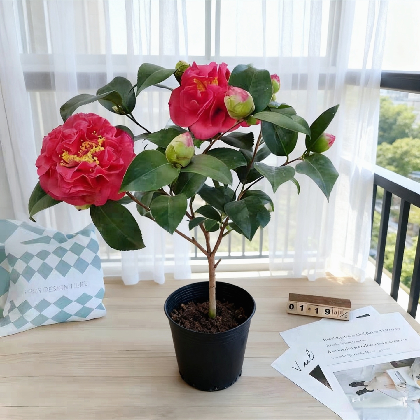 克瑞墨红色色带花苞山茶花盆栽室内外好养常年开花植物