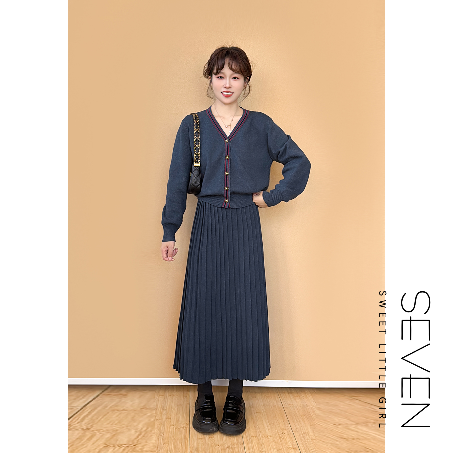 暖序双生⑦七七146小个子高级感格雷系V领针织衫半裙套装女小美说