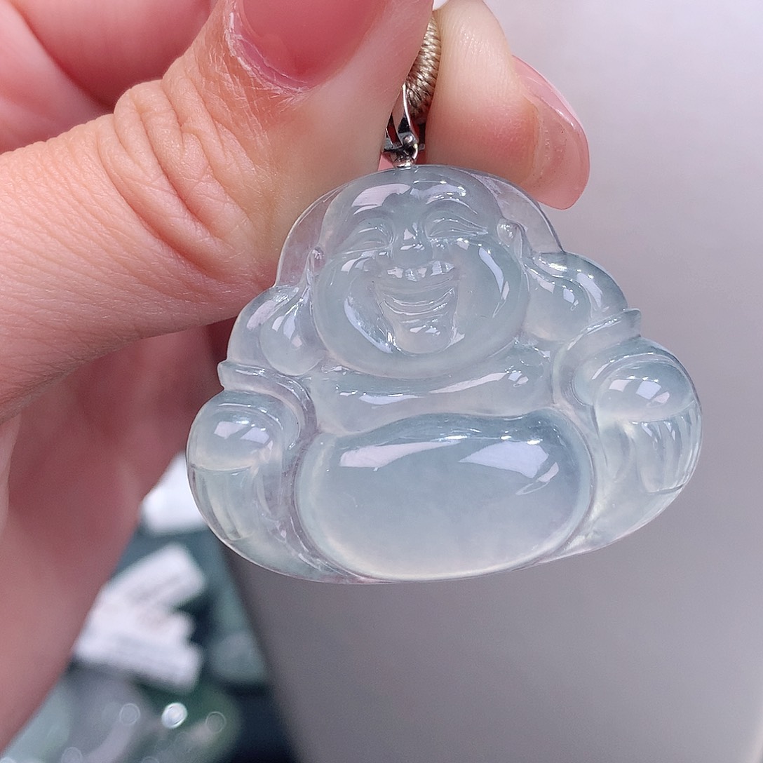 颈饰18K金镶嵌翡翠高冰薄荷绿佛公
