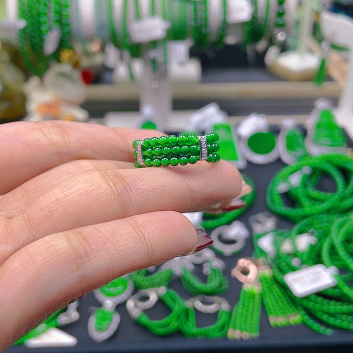 翡翠戒指银S925镶嵌圆珠戒圈2.5