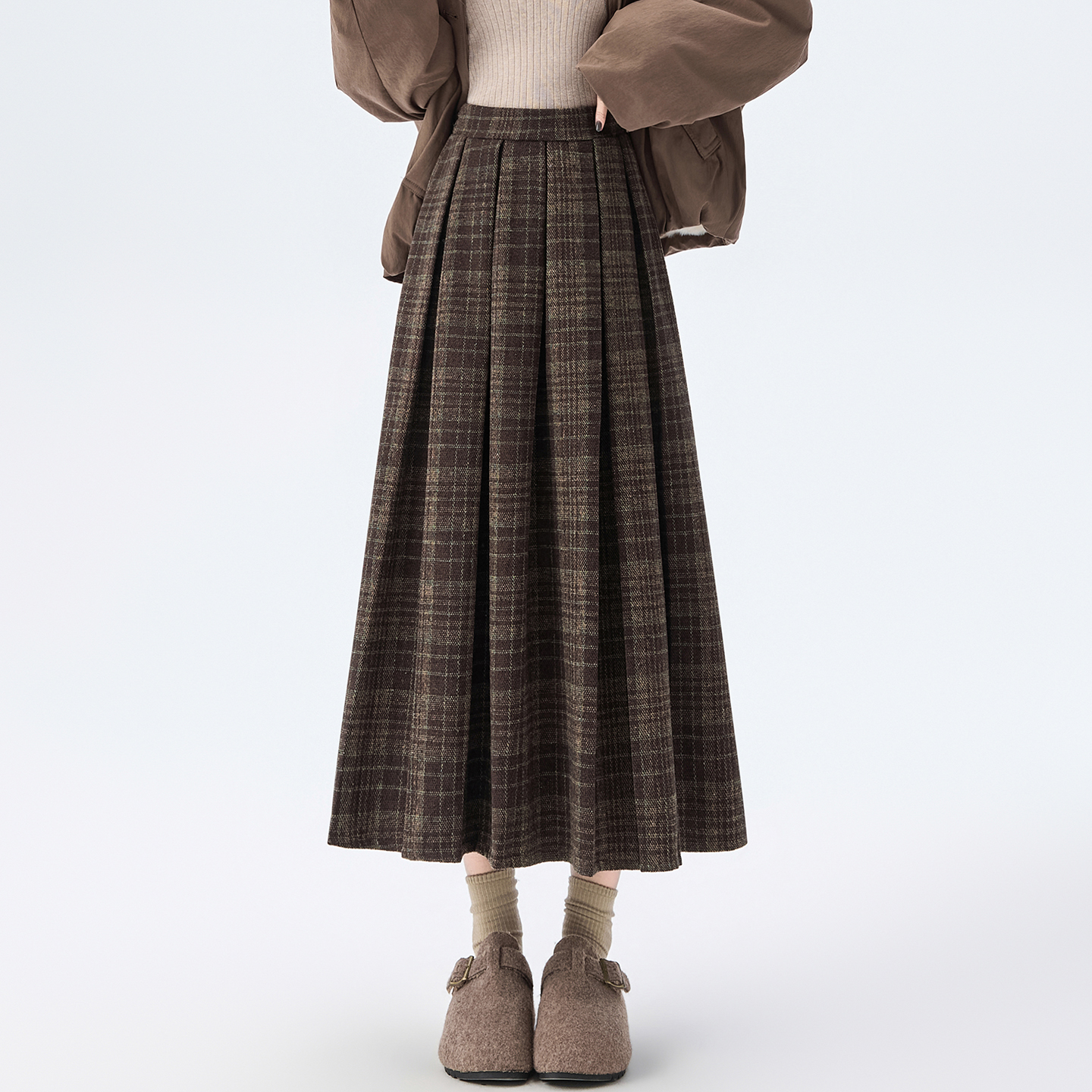 2025秋冬新款咖色格子毛呢百褶半身裙女韩系高腰a字长裙厚款裙子