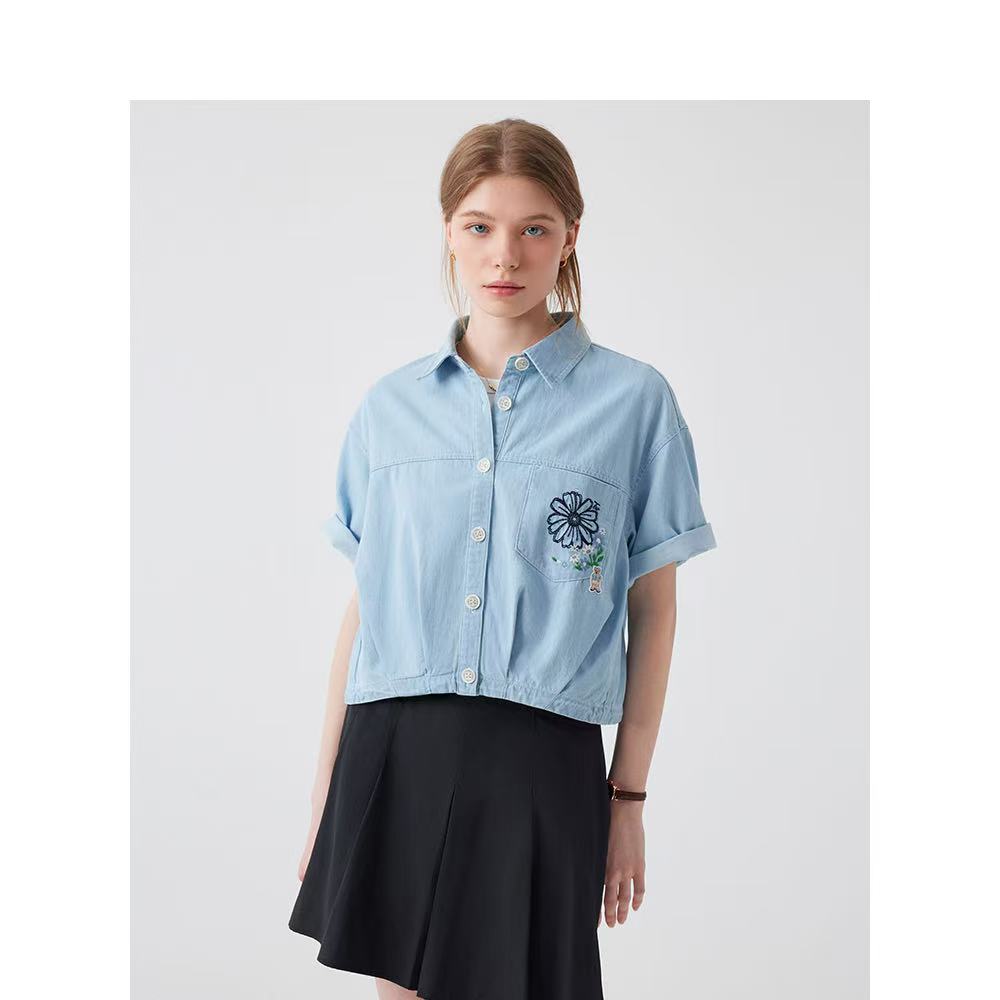 Teenie Weenie小熊女装夏新款TTYP252403T牛仔衬衫短袖