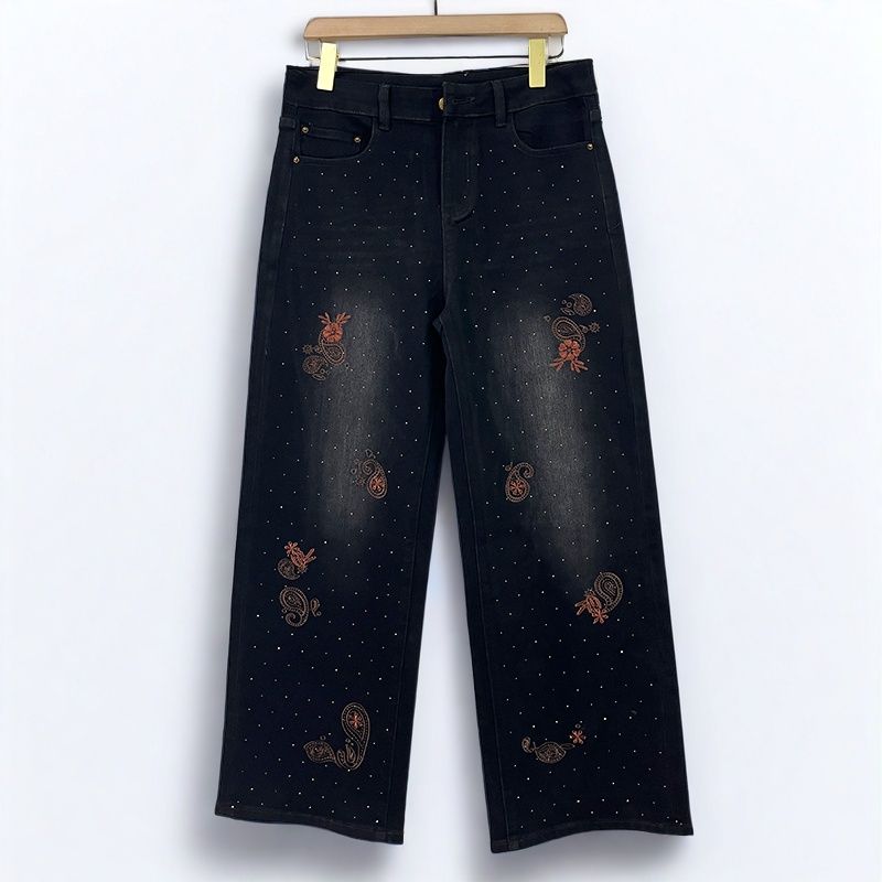 2025秋冬加绒时尚高腰显瘦百搭重工钉钻牛仔裤刺绣花朵宽松阔腿裤