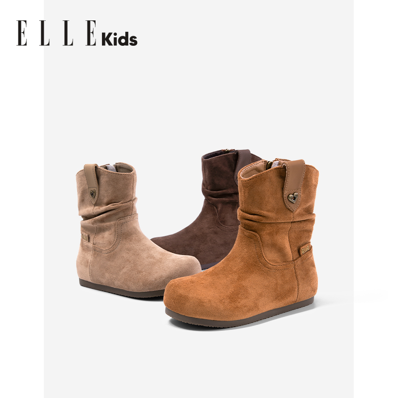 ELLEkids童靴 真皮女童牛仔靴2025秋冬新款小女孩堆堆靴儿童靴子