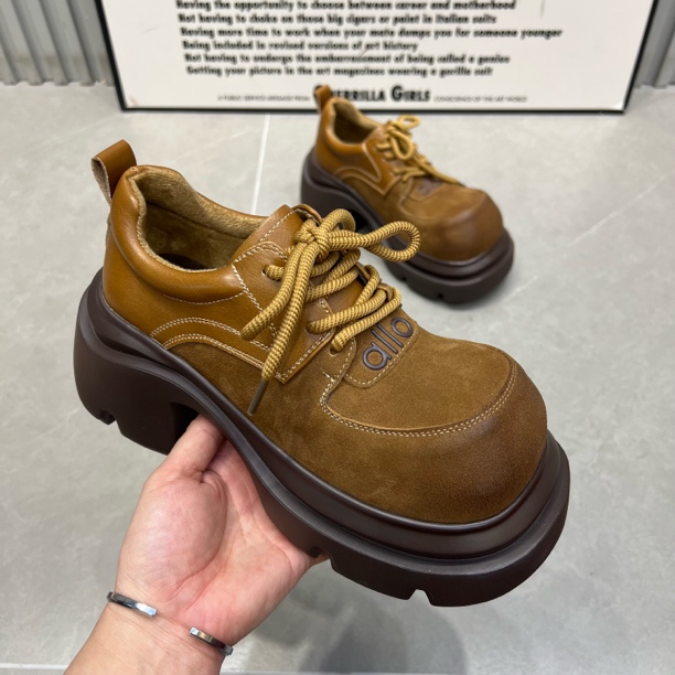 主播推荐2025年（6609-1）7公分厚底系带法式乐福鞋时尚拼色休闲鞋