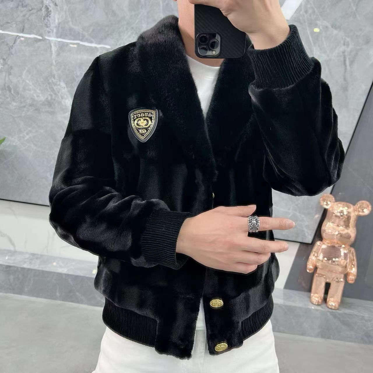 冬季新款男士轻奢高品质刺绣连帽貂绒加厚保暖潮流修身夹克外套