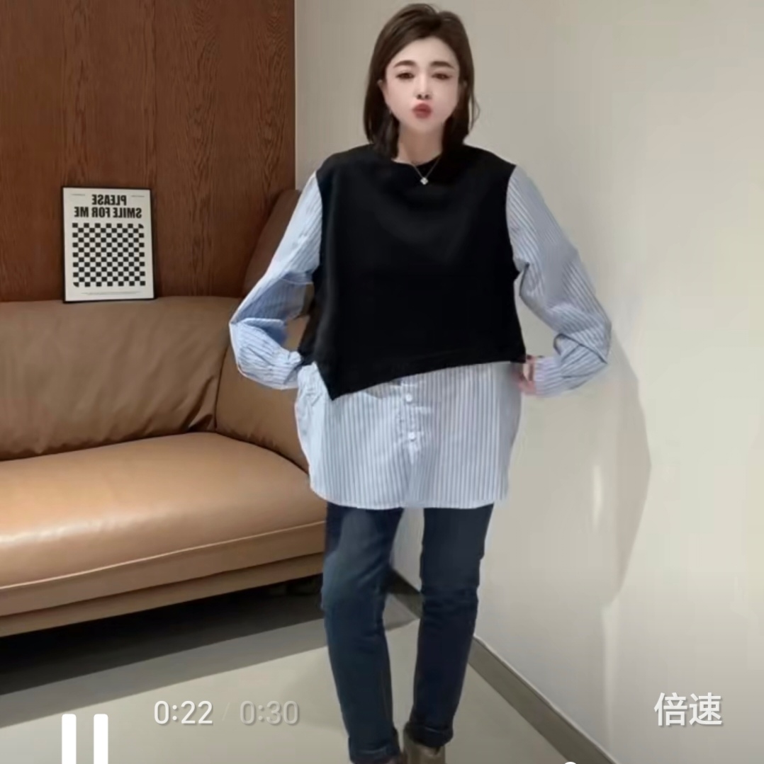 大码条配黑大衬衫长袖时尚百搭宽松显瘦中场款