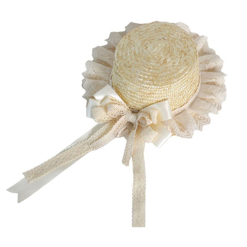 布丁熊ik制服配饰手工草帽飘带蝴蝶结氛围感蕾丝遮阳帽R298