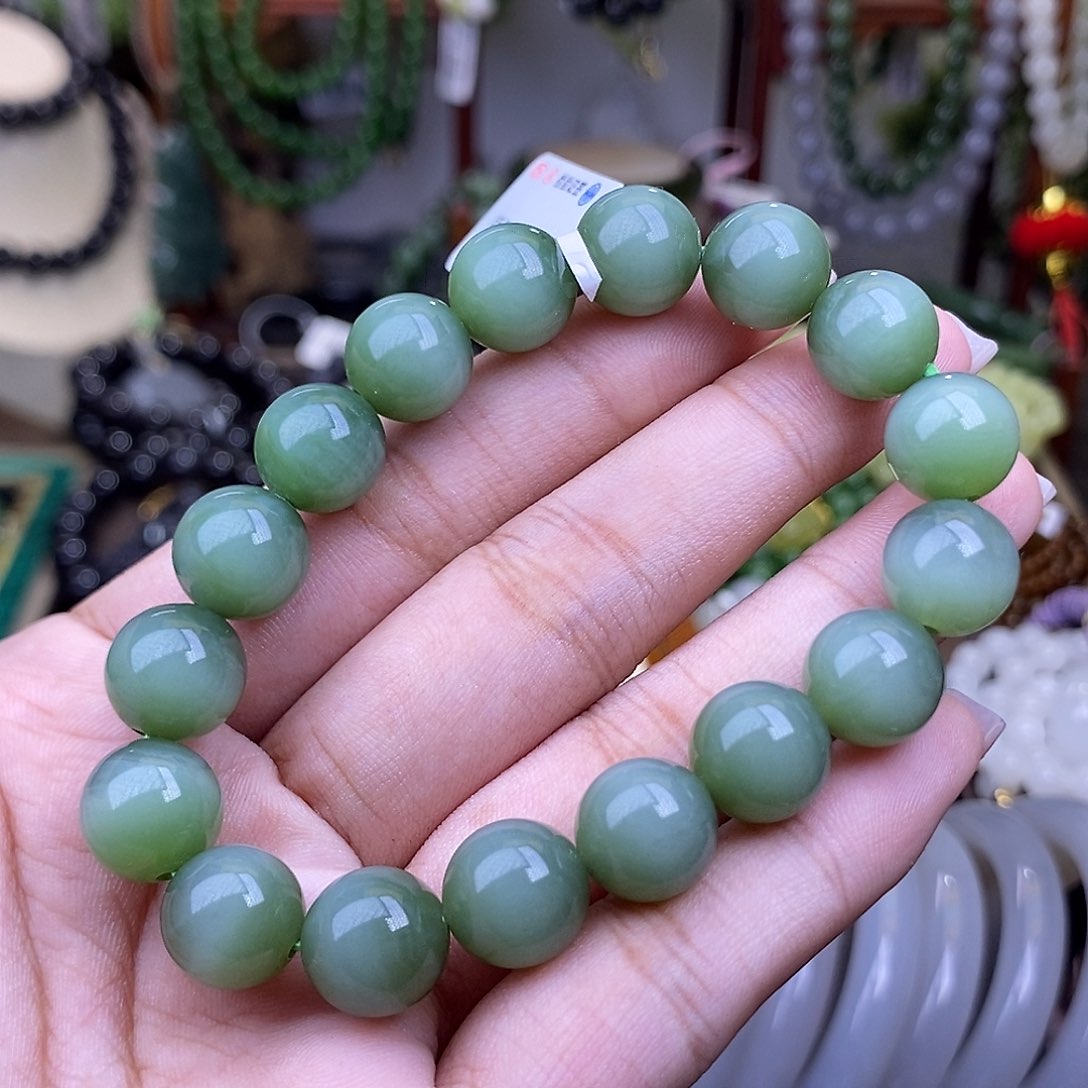 和田玉碧玉粉青猫眼老料手链11.3mm未镶嵌渐****…