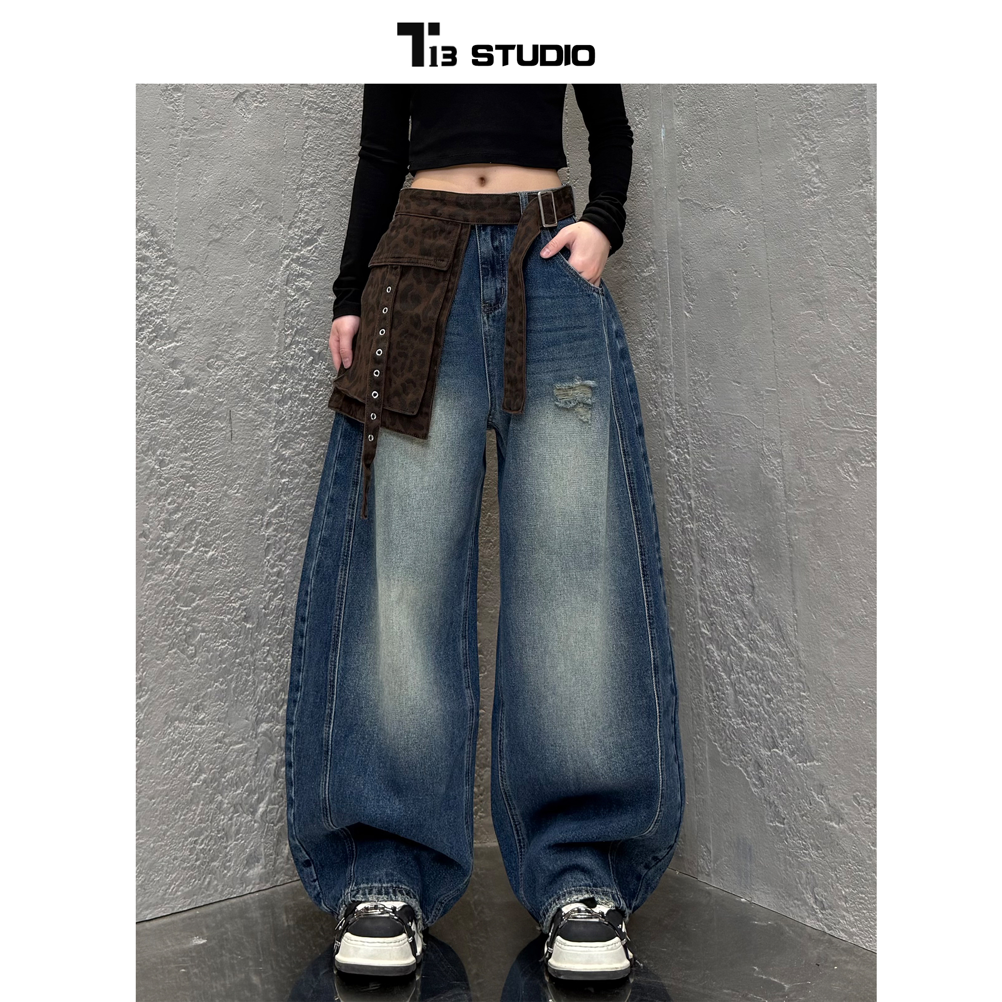 T13妮妮【L6659】新款高腰直筒阔腿A字版型牛仔裤女款