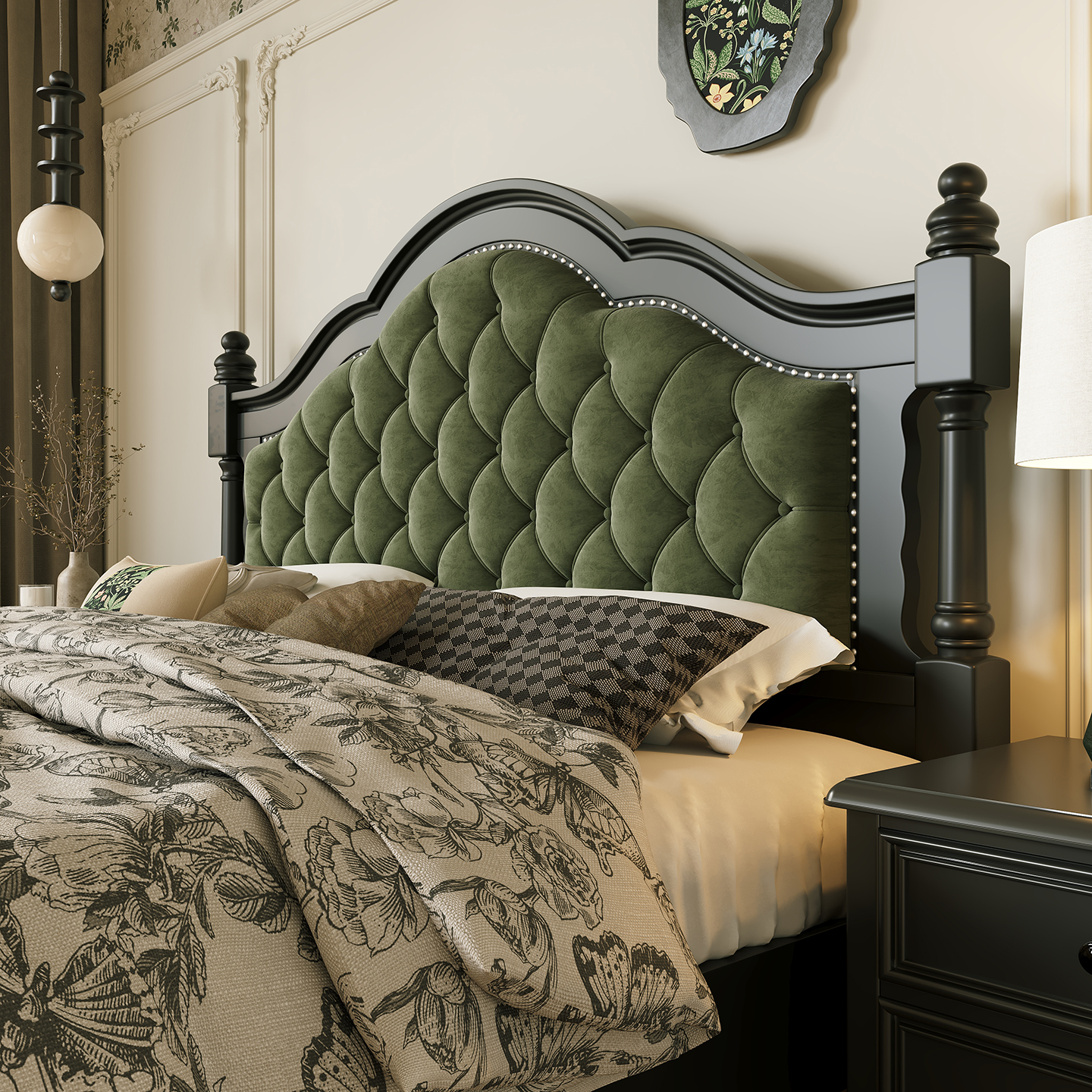 美式轻奢黑色复古风实木床墨绿色绒布软包床法式高端主卧床1米8床