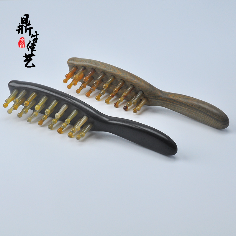 白牛角檀木长柄经络按摩梳家用防静电长发直发梳