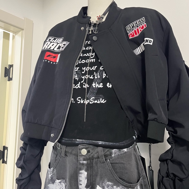 立领春秋休闲潮流街头风时尚短款韩版女宽袖百搭短外套秋季