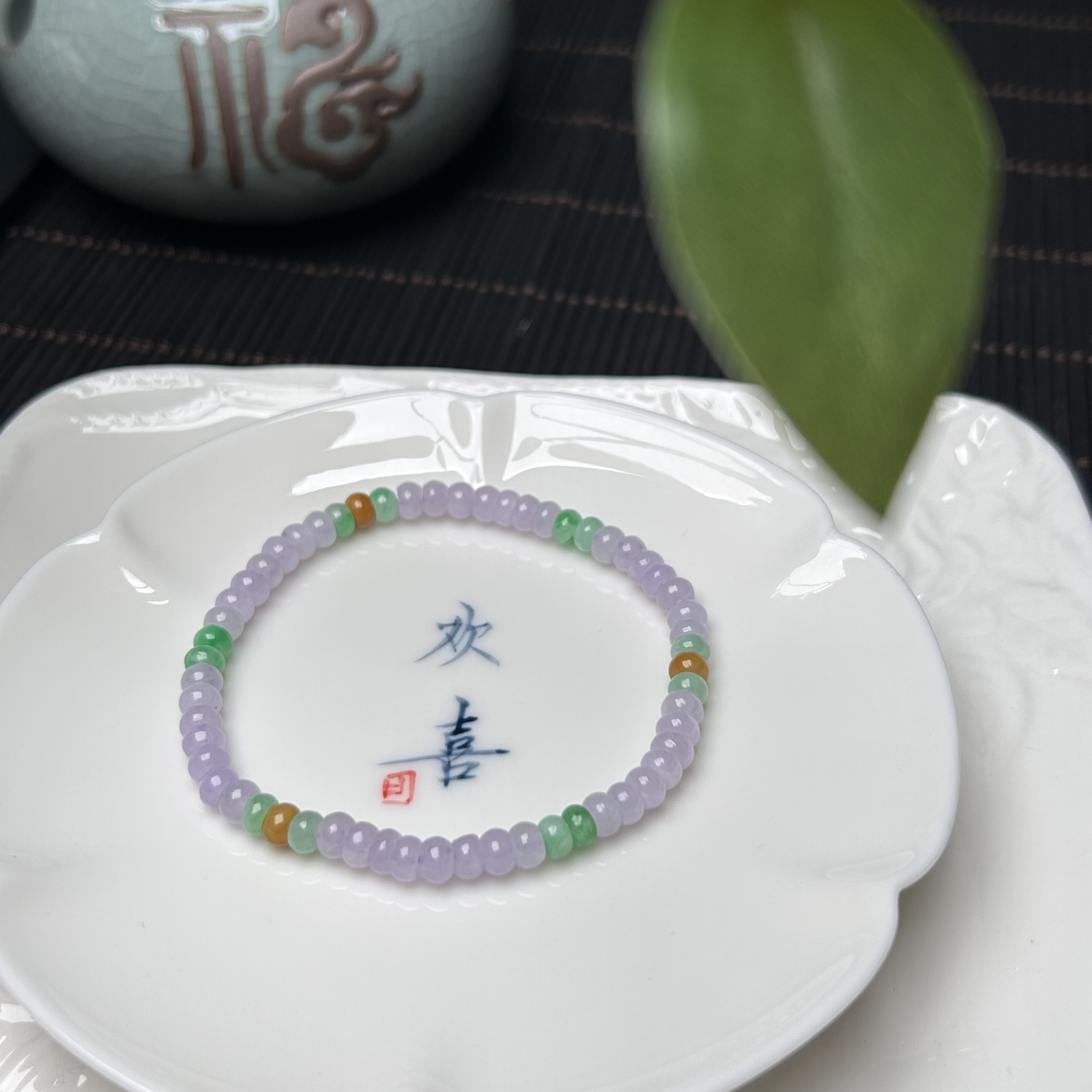 天然缅甸翡翠A货冰紫三彩色算盘珠单圈手链5mm左右