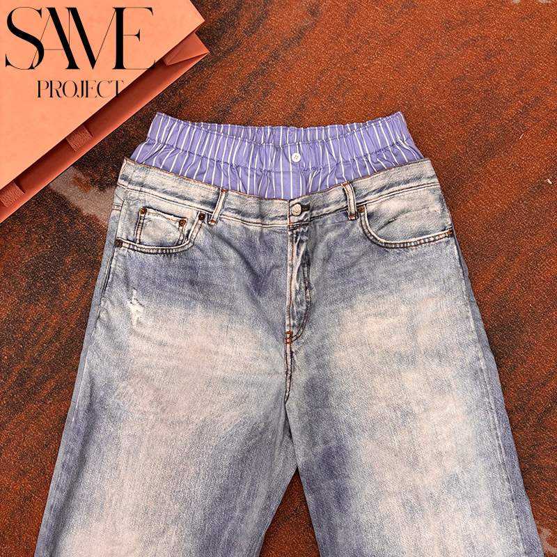 SPJ AC家25ss「超薄0.1cm仲夏纸片裤sagging假俩件双腰打印牛仔裤」