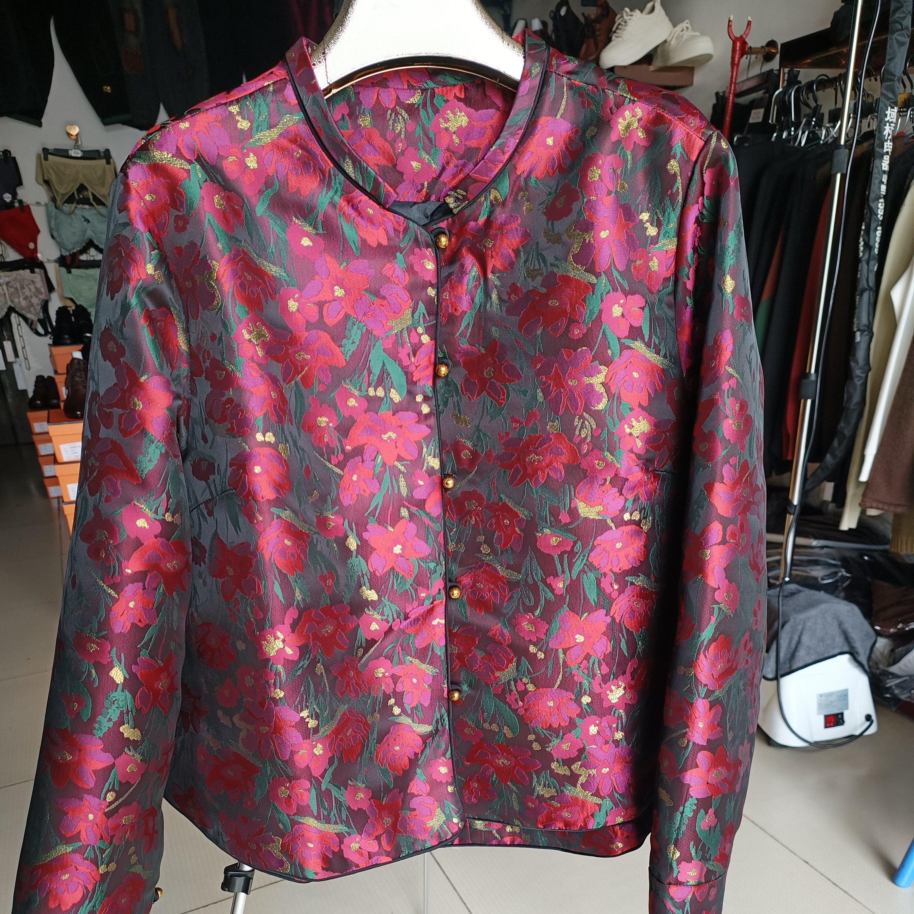 女新中式透气植物花卉适中短外套双面复古唐装提花