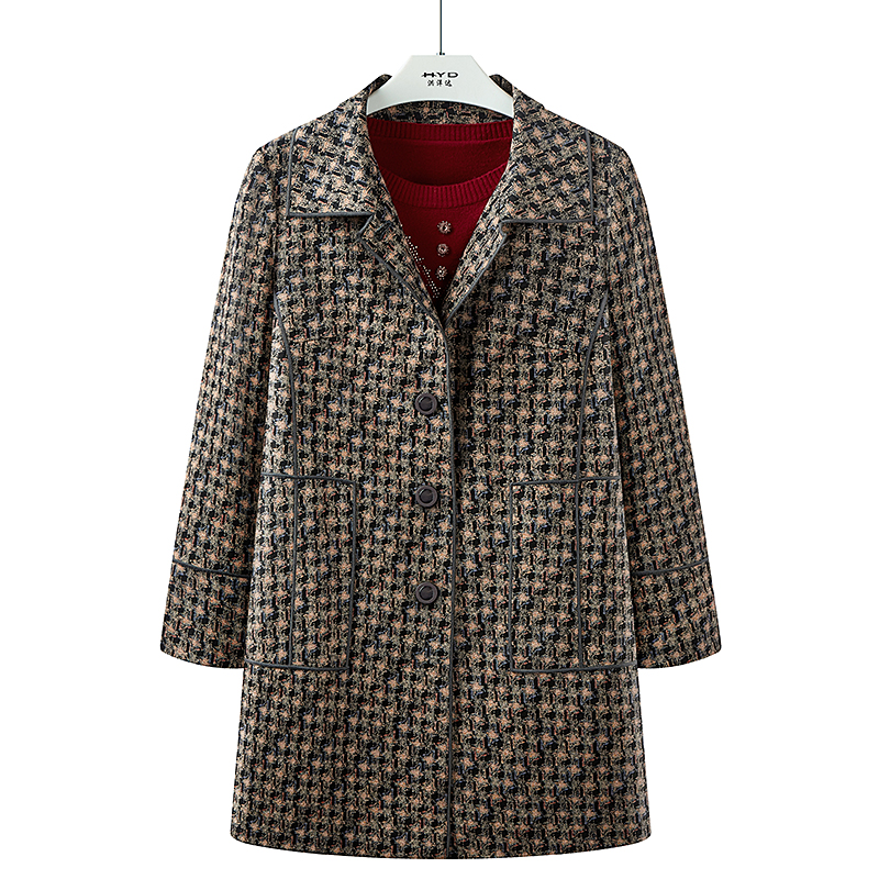 洪洋达精致妈妈装常规休闲风格子常规款中长款宽松型气质外套秋冬