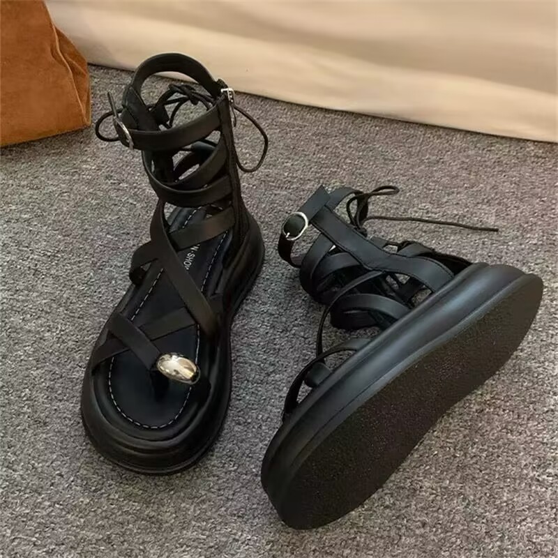 超火高帮厚底凉鞋女2025夏季新款沙滩罗马鞋时尚百搭增高镂空凉靴