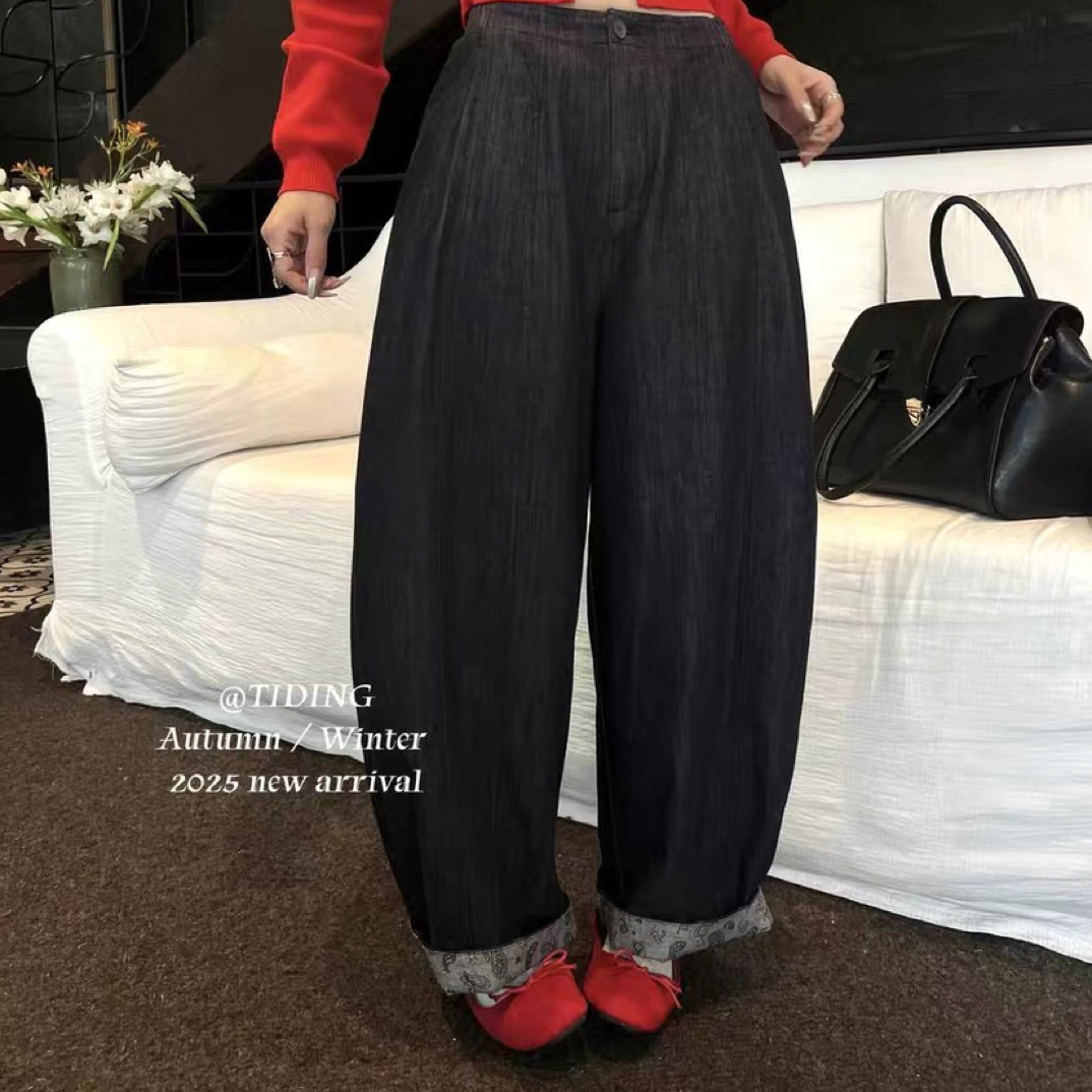 韩系复古褶皱阔腿牛仔裤女2025秋季新款欧货高腰显瘦宽松直筒长裤
