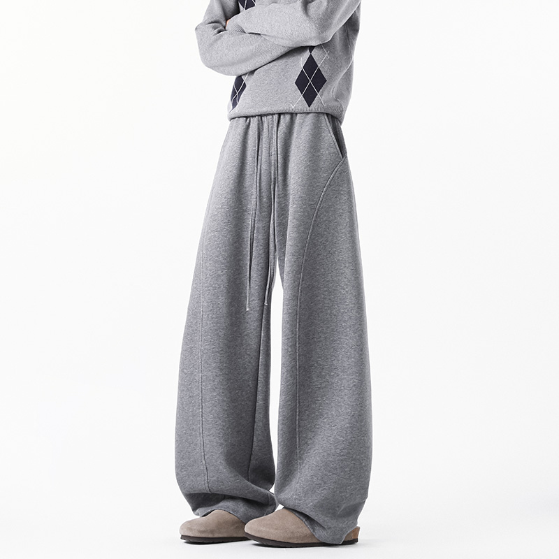 造亦美式弯刀灰色运动卫裤子男士冬季新款时尚加绒休闲百搭宽松裤