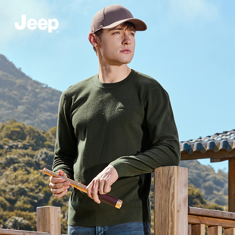 Jeep圆领舒适毛衣男士纯色简约打底上衣春秋新款休闲百搭针织衫男