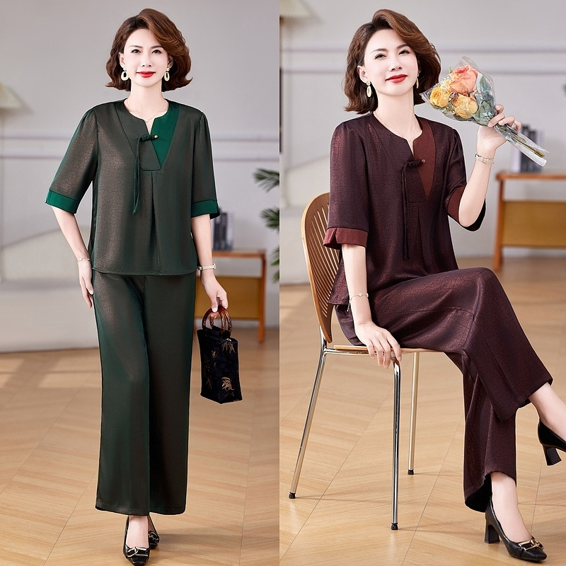 夏季妈妈新款时尚中式套装宽松显瘦中老年女装短袖上衣裤子两件套