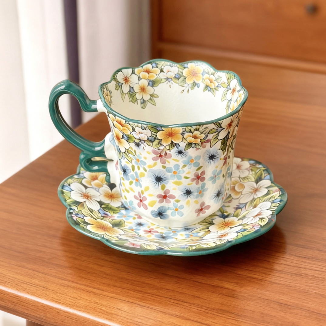 绮梦花境花型咖啡杯碟轻奢家用精致欧式红茶杯拿铁杯复古手绘