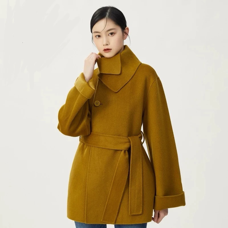 美拉德风纯羊毛翻领毛呢外套附腰带5400676