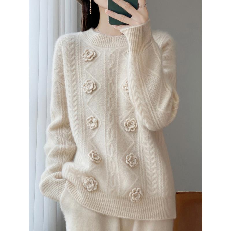 秋冬上新100%纯羊毛七针加厚手工立体钩花羊毛上衣D464