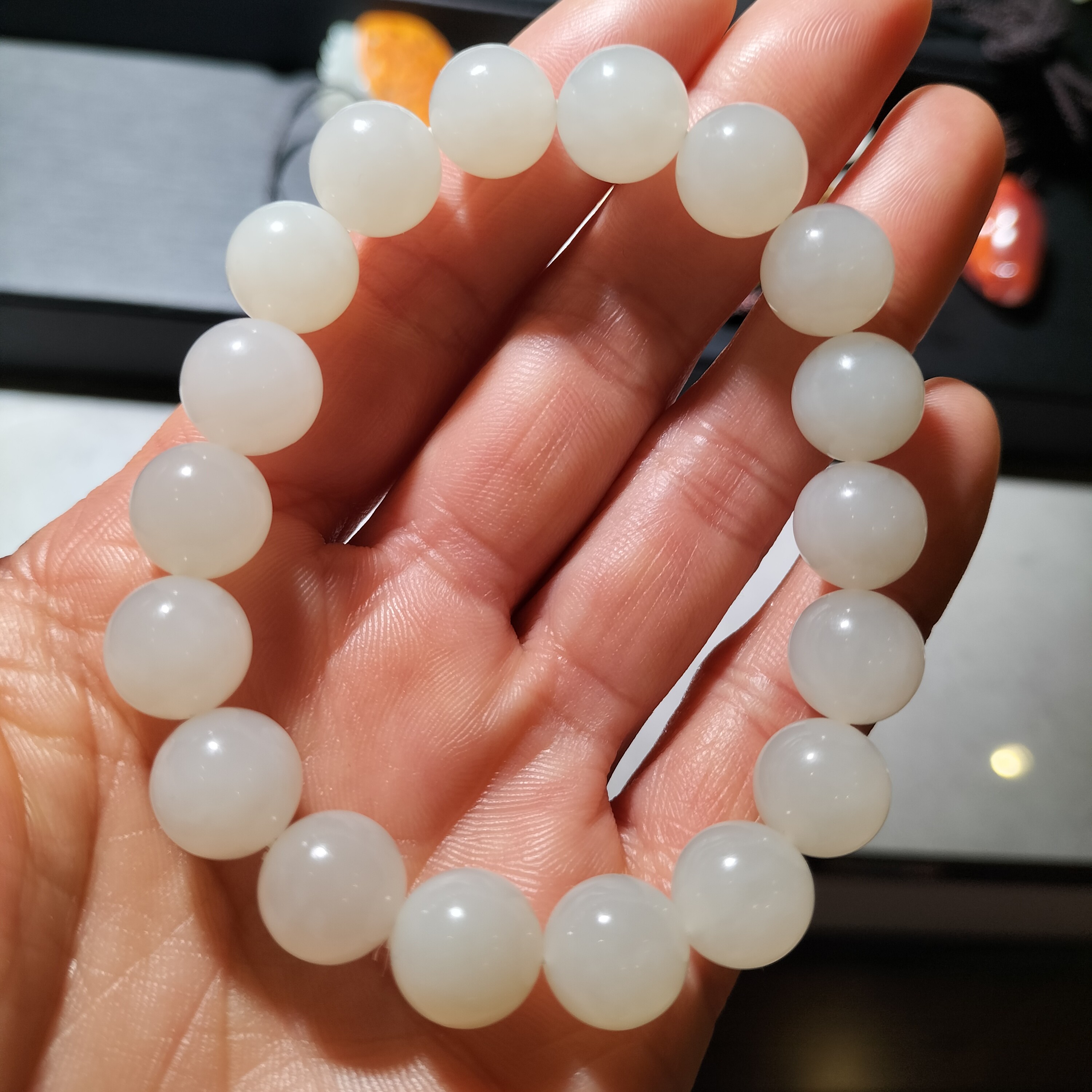 11MM 和田玉 白玉圆珠手链 细腻温润手串