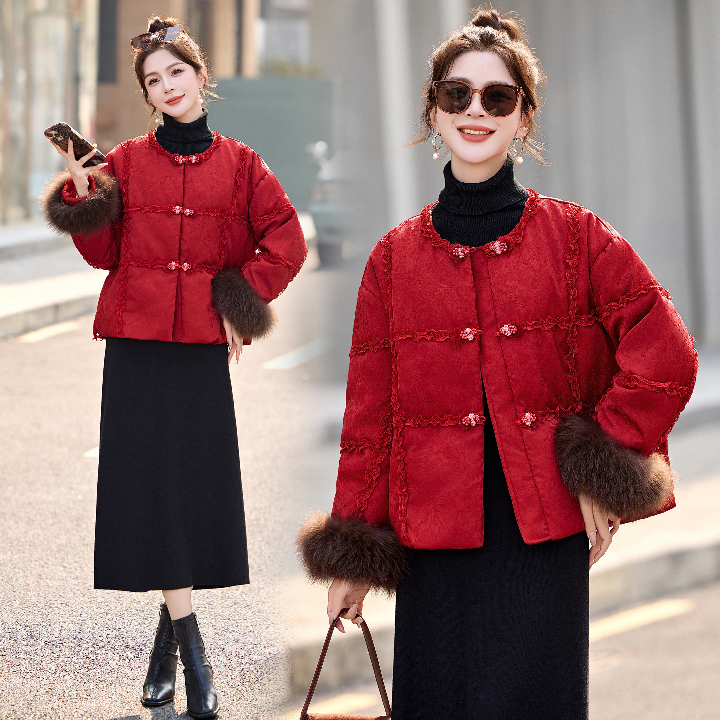 新年红真狐狸毛可脱卸高端羽绒服手工花边宝石扣显贵保暖高级外套