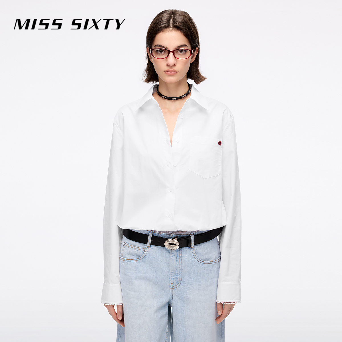 Miss Sixty2025夏季新款长袖衬衫女钉珠片唇印刺绣宽松短款上衣