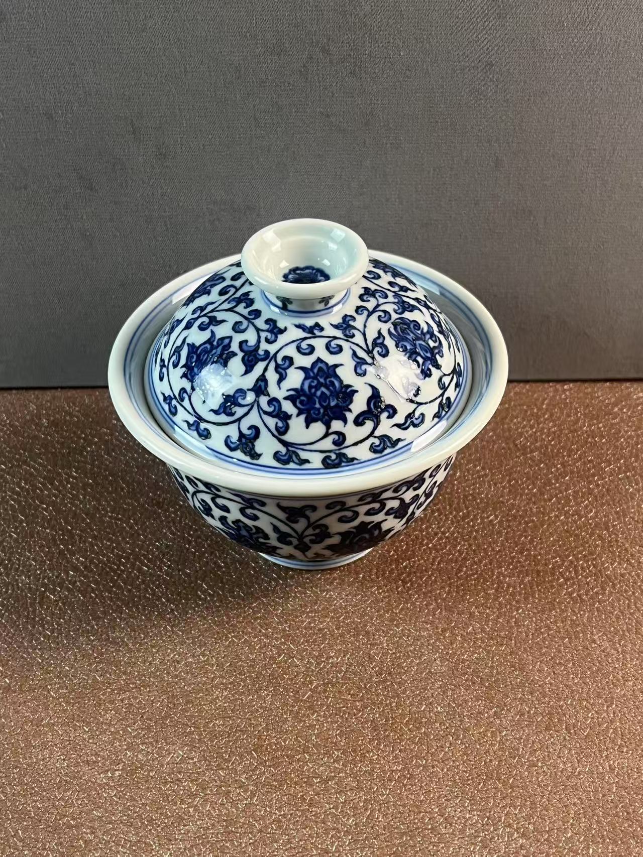 100CC缠枝莲盖碗茶盖碗茶具花心手绘满工正宗景德镇盖碗