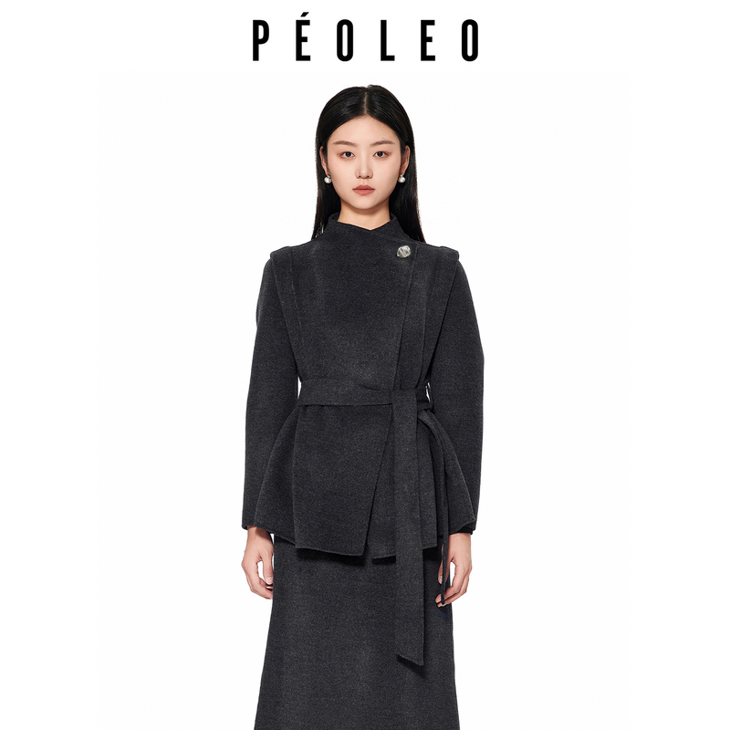 飘蕾冬季新款时尚高级气质赫本风灰色腰带绵羊毛大衣DJ0104607