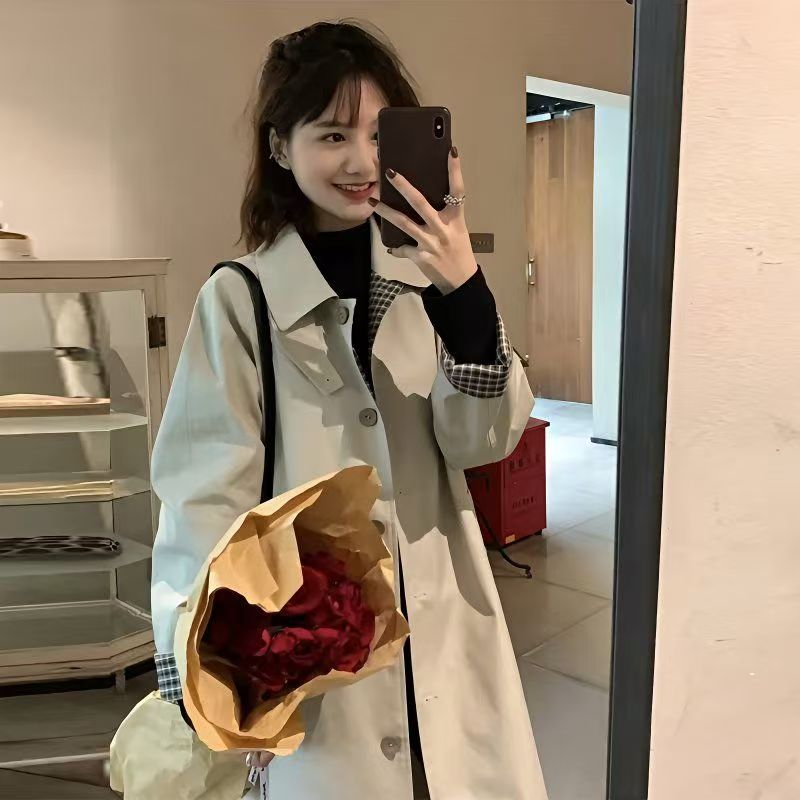 风衣外套女2024新款春秋季韩系格纹简约气质中长款小个子早秋大衣