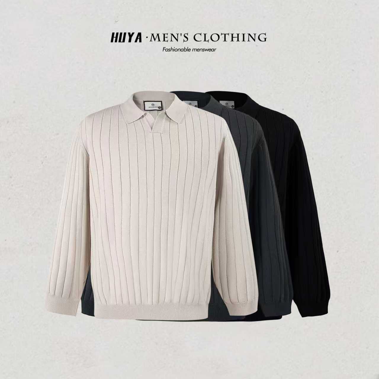 虎牙兄弟秋季男款针织纯色百搭通勤休闲慵懒感翻领长袖毛衣Z27883