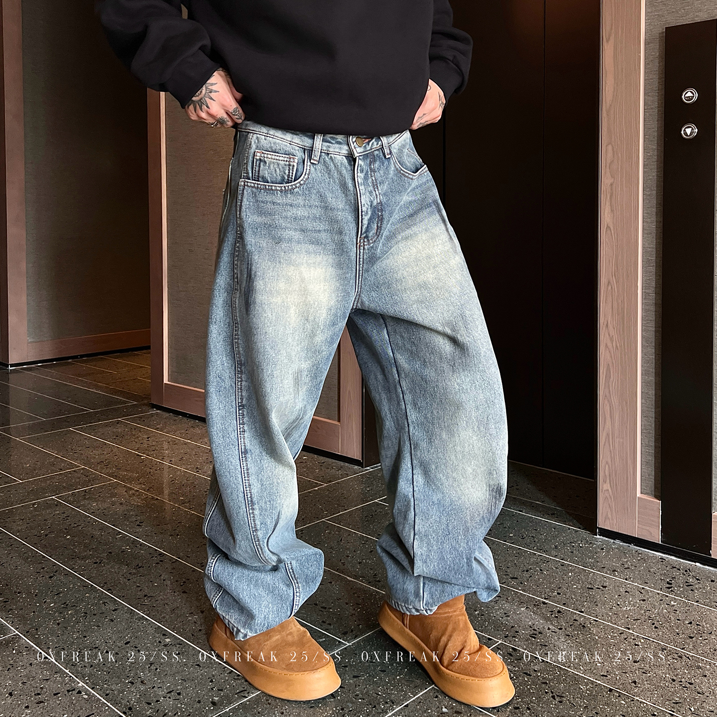 OXFREAK「冰蓝水洗」13OZ复古牛仔裤男加绒加厚保暖直筒裤子冬季
