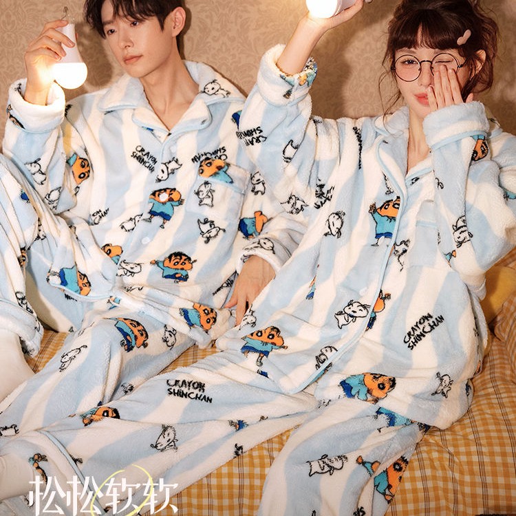 秋冬加厚蜡笔小新情侣睡衣法兰绒保暖卡通大码网红男女士家居服