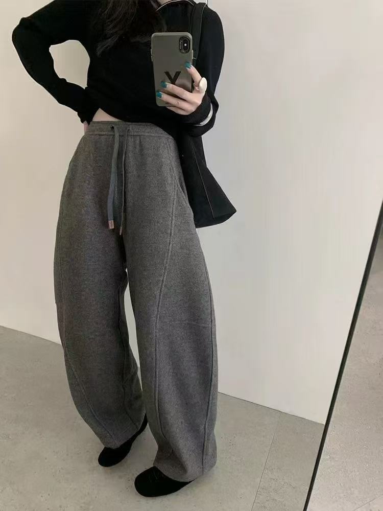 TSEHC.9韩系冬款ins加绒加厚松紧腰百搭显瘦弯刀阔腿休闲裤09107