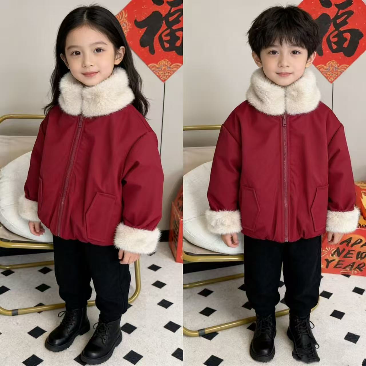 加绒加厚款休闲风翻领儿童新年款棉服棉袄夹克洋气秋冬儿童