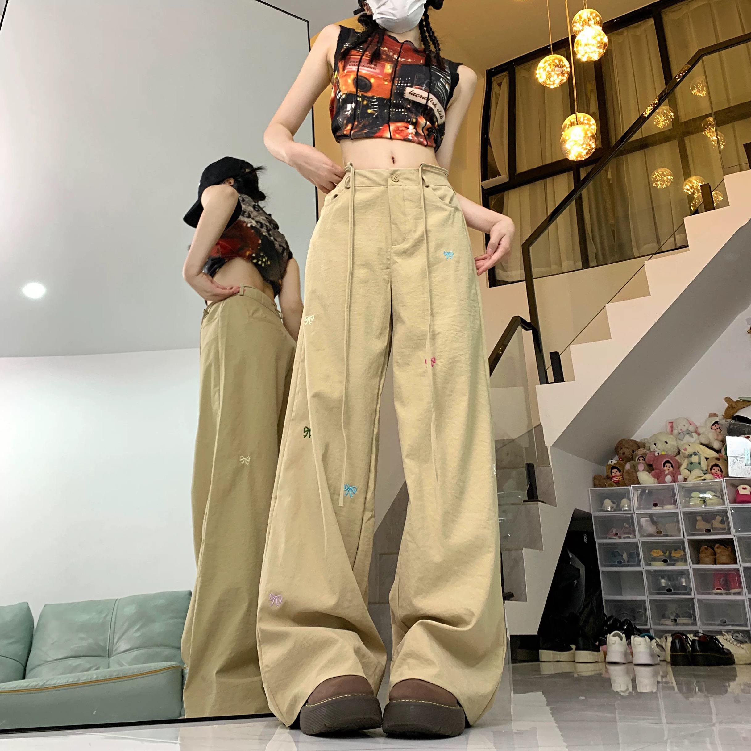 设计感蝴蝶结刺绣休闲裤女秋季高腰系带宽松显瘦阔腿拖地工装裤子