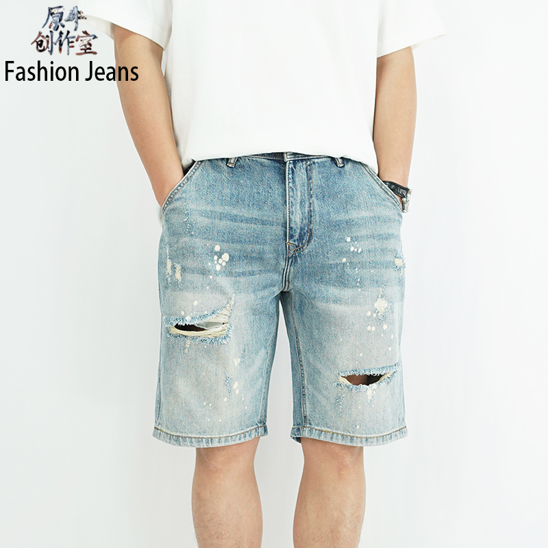 破洞牛仔短裤男款高端潮牌时尚薄款水洗个性泼墨高街乞丐五分裤子
